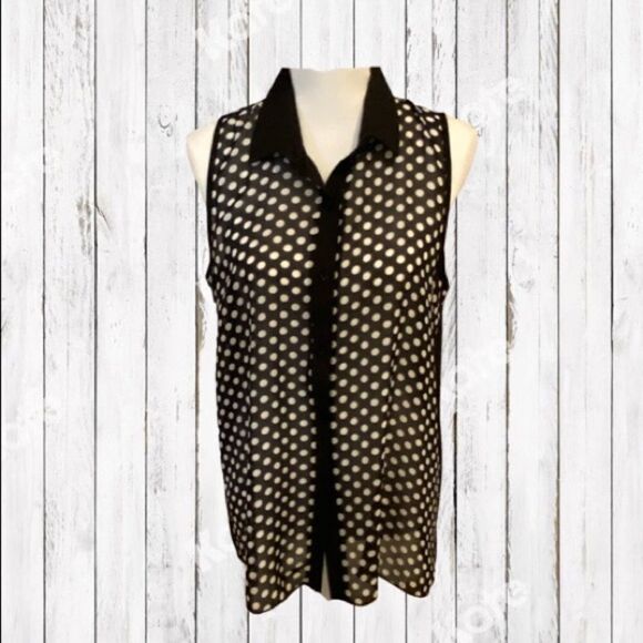 Double Zero Sheer Blouse Sleeveless Button Front Black White Polka Dot Size L - Picture 2 of 11